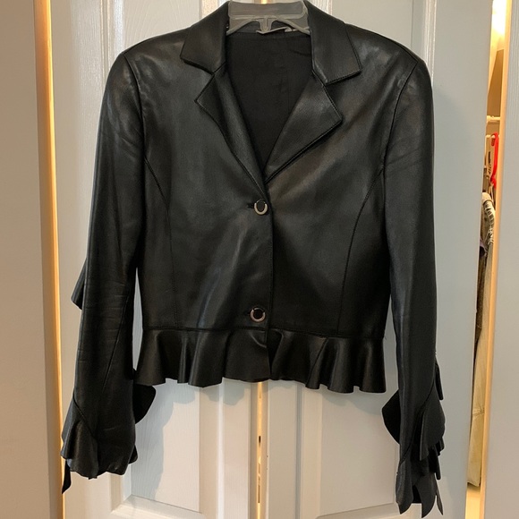 Barneys New York Jackets & Blazers - UEC Barney’s New York Italian leather, black peplum style w ruffled sleeves szM